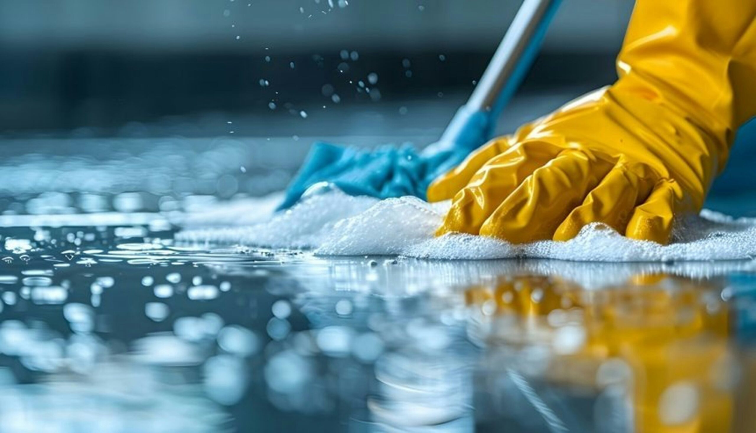 puroclean-of-fort-worth--dc38HdQR1M-unsplash A yellow glove scrubbing the floor with a blue towel covered in soap suds